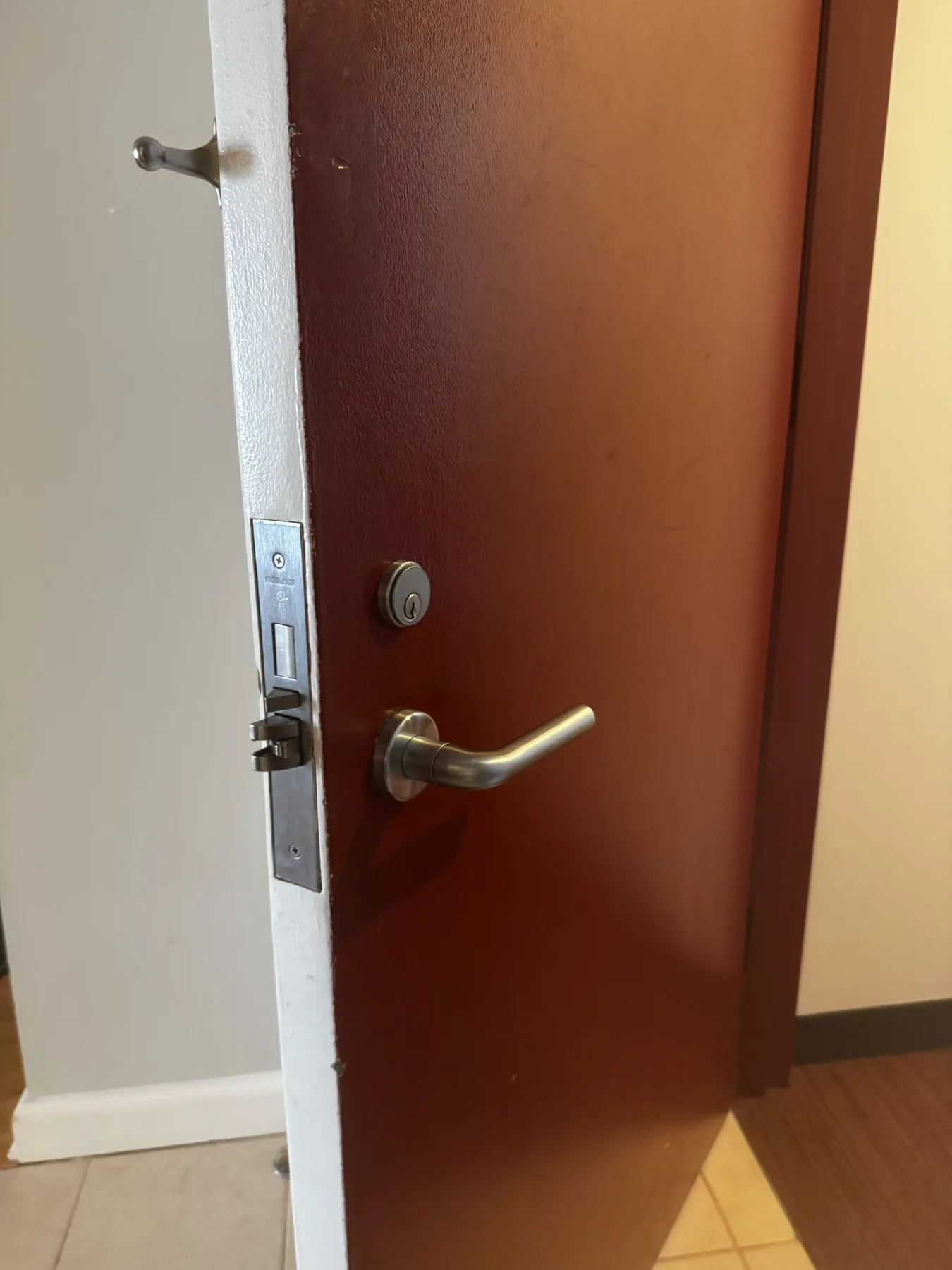 Brown interior entry door and lever