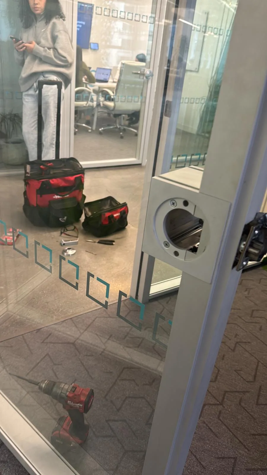 Glass door with lock hardware