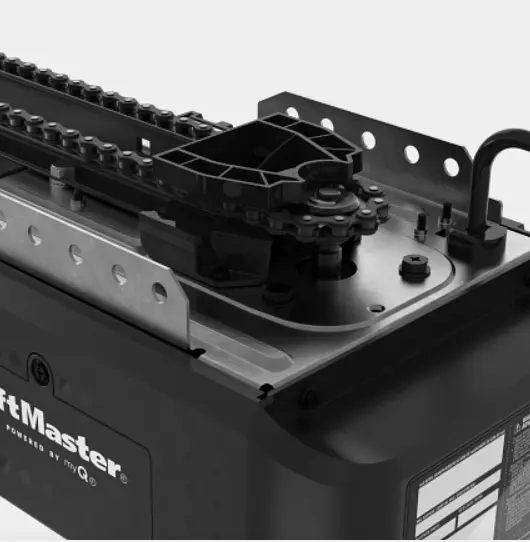 Close-up of garage door opener rail mechanism